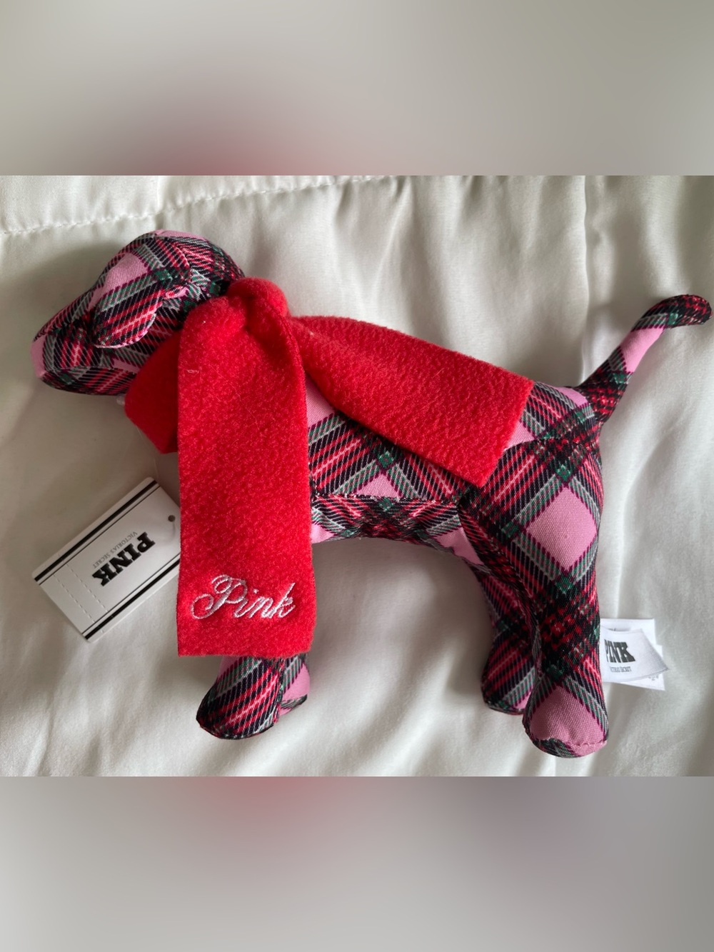 PINK Victoria's Secret Pink Plaid Plush Dog with Red Scarf